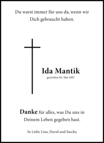Traueranzeige von Ida Mantik von Tageszeitung