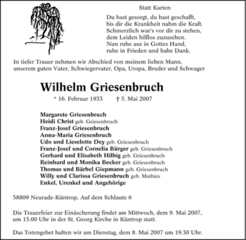Traueranzeige von Wilhelm Griesenbruch von Tageszeitung