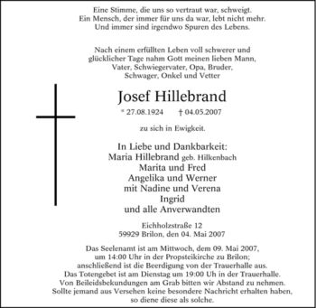 Traueranzeige von Josef Hillebrand von Tageszeitung