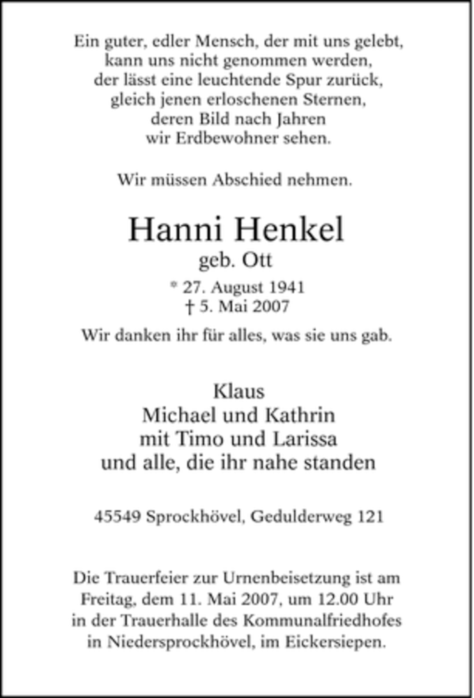  Traueranzeige für Hanni Henkel vom 07.05.2007 aus Tageszeitung