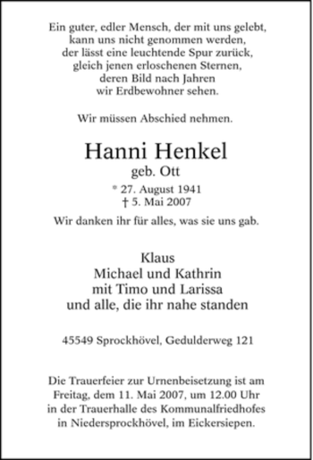 Traueranzeige von Hanni Henkel von Tageszeitung