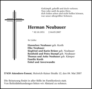 Traueranzeige von Herman Neubauer von Tageszeitung