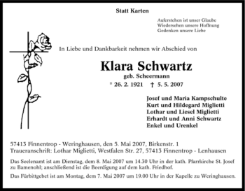 Traueranzeige von Klara Schwarz von Tageszeitung
