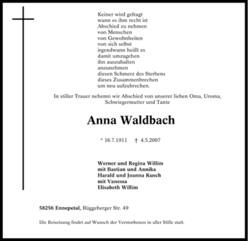 Traueranzeige von Anna Waldbach von Tageszeitung
