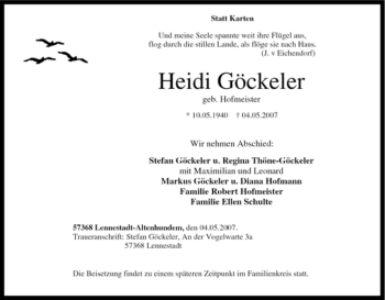 Traueranzeige von Heidi Göckeler von Tageszeitung