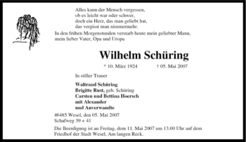 Traueranzeige von Wilhelm Schüring von Tageszeitung