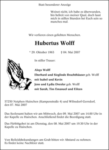 Traueranzeige von Hubertus Wolff von Tageszeitung