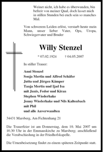 Traueranzeige von Willy Stenzel von Tageszeitung