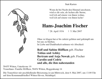Traueranzeige von Hans-Joachim Fischer von Tageszeitung