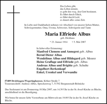 Traueranzeige von Maria Elfriede Albus von Tageszeitung
