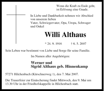 Traueranzeige von Willi Althaus von Tageszeitung