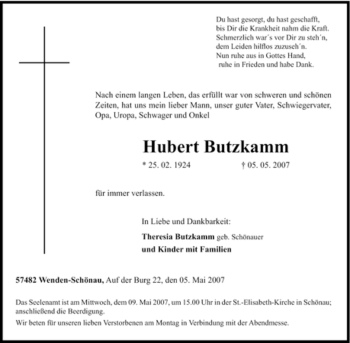 Traueranzeige von Hubert Butzkamm von Tageszeitung