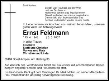 Traueranzeige von Ernst Feldmann von Tageszeitung