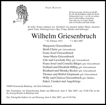Traueranzeige von Wilhelm Griesenbruch von Tageszeitung