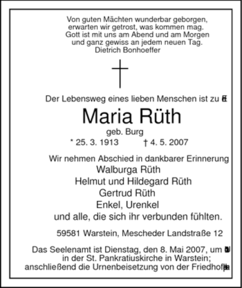 Traueranzeige von Maria Rüth von Tageszeitung