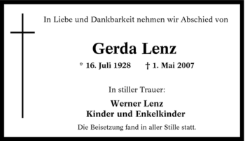 Traueranzeige von Gerda Lenz von Tageszeitung