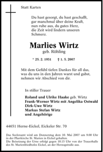 Traueranzeige von Marlies Wirtz von Tageszeitung