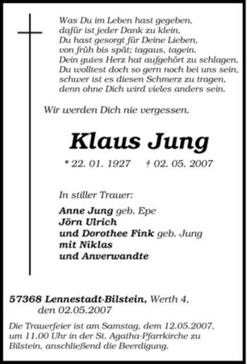 Traueranzeige von Klaus Jung von Tageszeitung