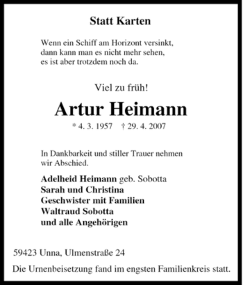 Traueranzeige von Artur Heimann von Tageszeitung