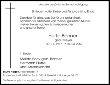 Traueranzeige von Herta Bonner von Tageszeitung
