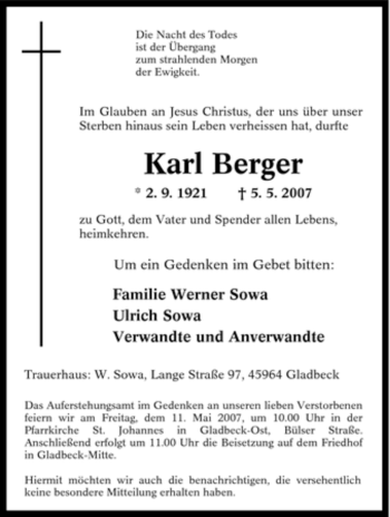 Traueranzeige von Karl Berger von Tageszeitung