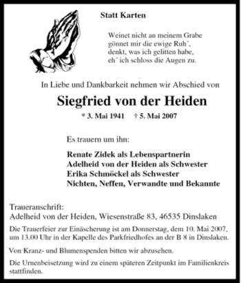 Traueranzeige von Siegfried von der Heiden von Tageszeitung