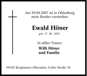 Traueranzeige von Ewald Höner von Tageszeitung
