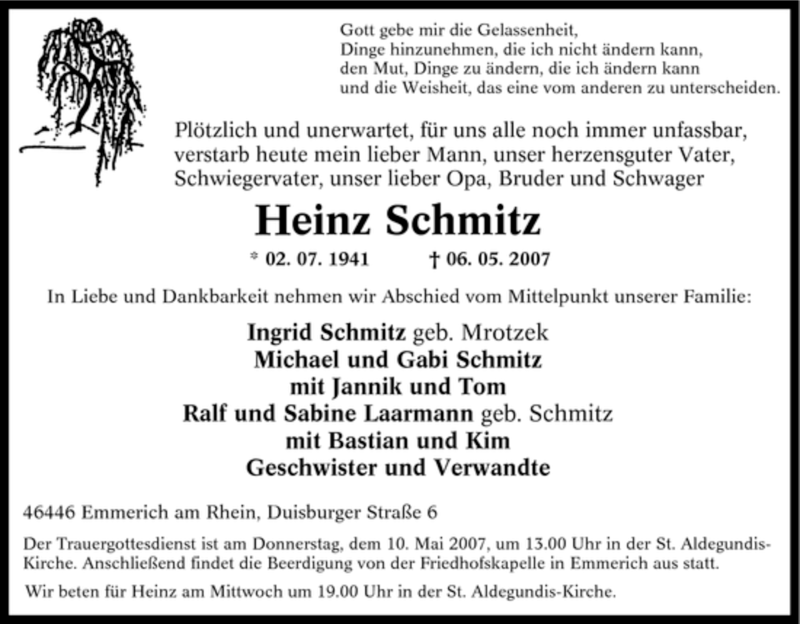  Traueranzeige für Heinz Schmitz vom 08.05.2007 aus Tageszeitung