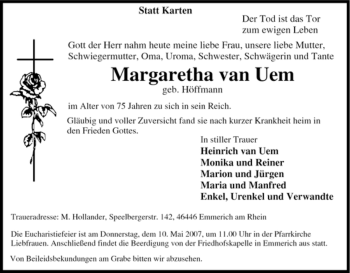 Traueranzeige von Margaretha van Uem von Tageszeitung