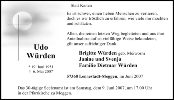 Traueranzeige von Udo Würden von Tageszeitung