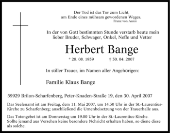 Traueranzeige von Herbert Bange von Tageszeitung