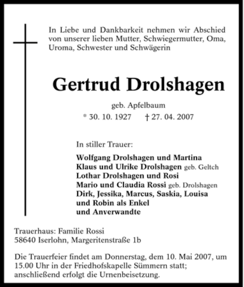  Traueranzeige für Gertrud Drolshagen vom 08.05.2007 aus Tageszeitung