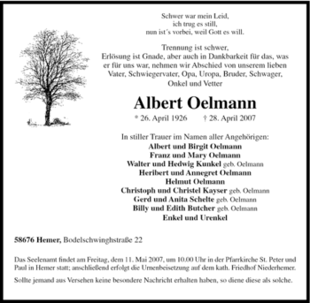 Traueranzeige von Albert Oelmann von Tageszeitung