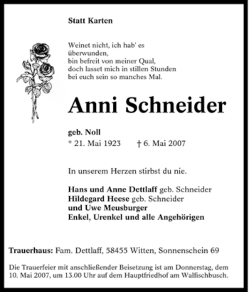 Traueranzeige von Anni Schneider von Tageszeitung