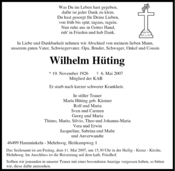 Traueranzeige von Wilhelm Hüting von Tageszeitung