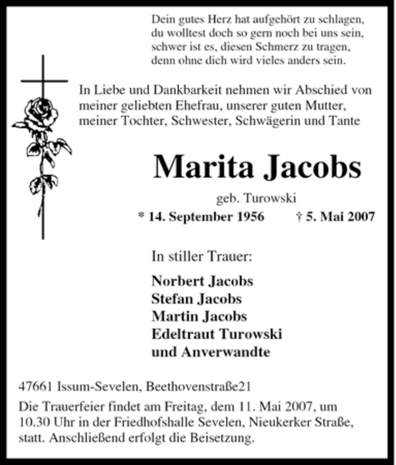  Traueranzeige für Marita Jacobs vom 08.05.2007 aus Tageszeitung