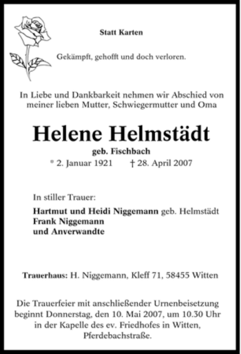 Traueranzeige von Helene Helmstädt von Tageszeitung