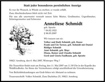 Traueranzeige von Anneliese Schmidt von Tageszeitung