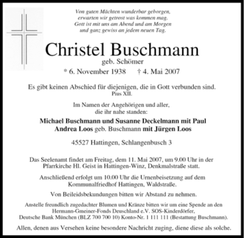 Traueranzeige von Christel Buschmann von Tageszeitung