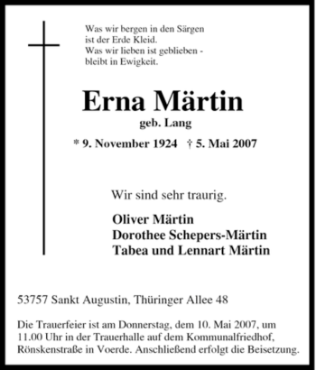 Traueranzeige von Erna Märtin von Tageszeitung