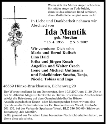 Traueranzeige von Ida Mantik von Tageszeitung