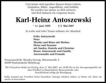 Traueranzeige von Karl-Heinz Antoszewski von Tageszeitung