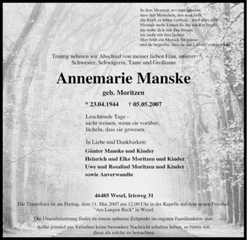 Traueranzeige von Annemarie Manske von Tageszeitung