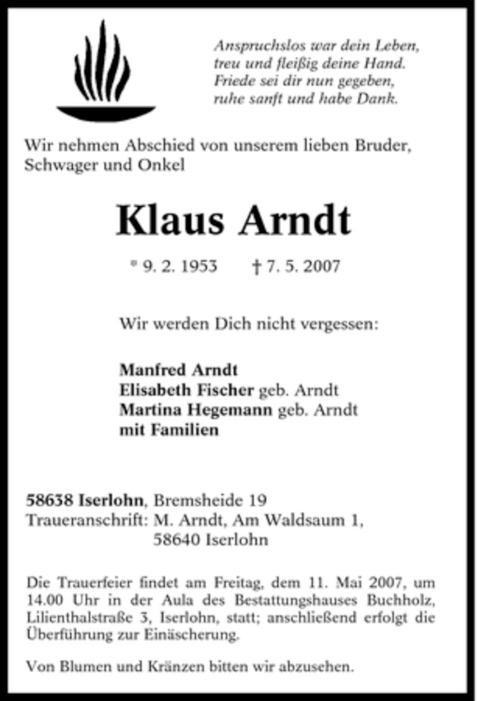  Traueranzeige für Klaus Arndt vom 08.05.2007 aus Tageszeitung