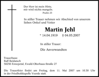 Traueranzeige von Martin Jehl von Tageszeitung