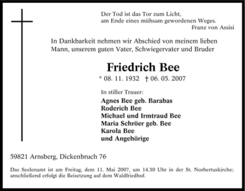 Traueranzeige von Friedrich Bee von Tageszeitung