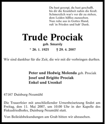 Traueranzeige von Trude Prociak von Tageszeitung
