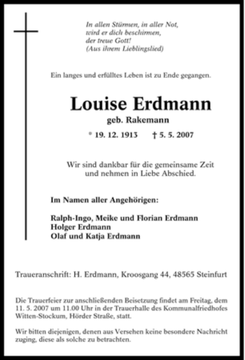 Traueranzeige von Louise Erdmann von Tageszeitung