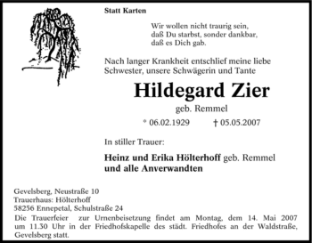 Traueranzeige von Hildegard Zier von Tageszeitung