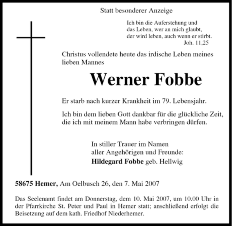 Traueranzeigen von Werner Fobbe TrauerinNRW.de